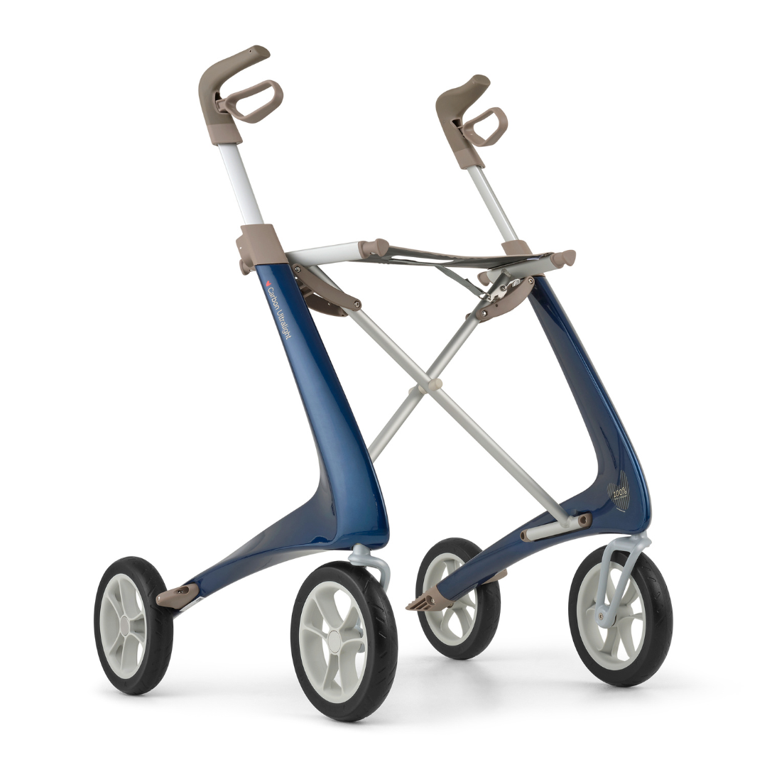 The ByACRE Ultralight Carbon Fiber Rollator (10.6 lbs) is a modern blue mobility aid with four large wheels, ergonomic brown handles, and a minimalist frame for easy movement and support.